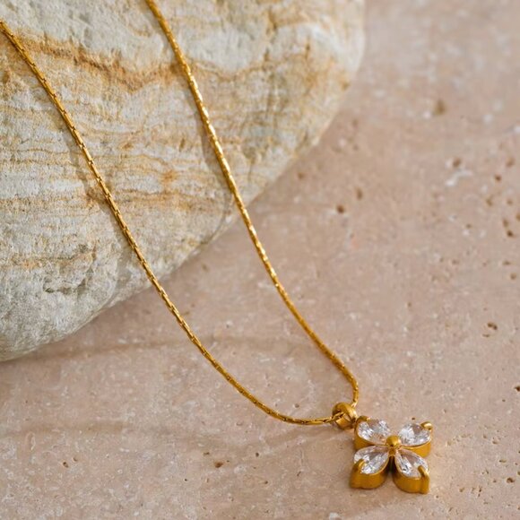 Cubic Zirconia Flower Station Pendant Necklace - Picture 6 of 8